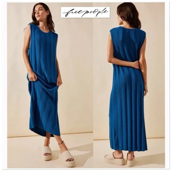 Free People Beach Theo Sweater Midi Dress Out Of The Blue S Ribbed Textured Boho - Picture 1 of 14